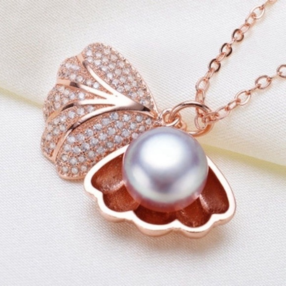 Rose Gold Over 925 Clam Shell Pearl Necklace - Picture 1 of 1